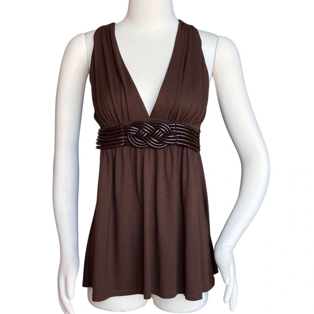 Arden B Brown Halter Top With Faux Leather Braided Detail Size Medium Y2K